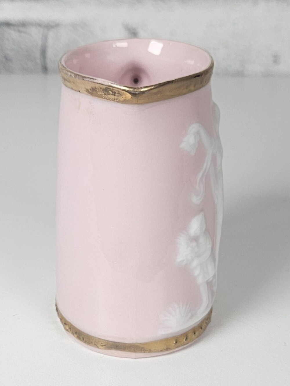 Vintage Japan Pink Creamer Pitcher White Cameo Relief Gold Trim - Picture 2 of 8